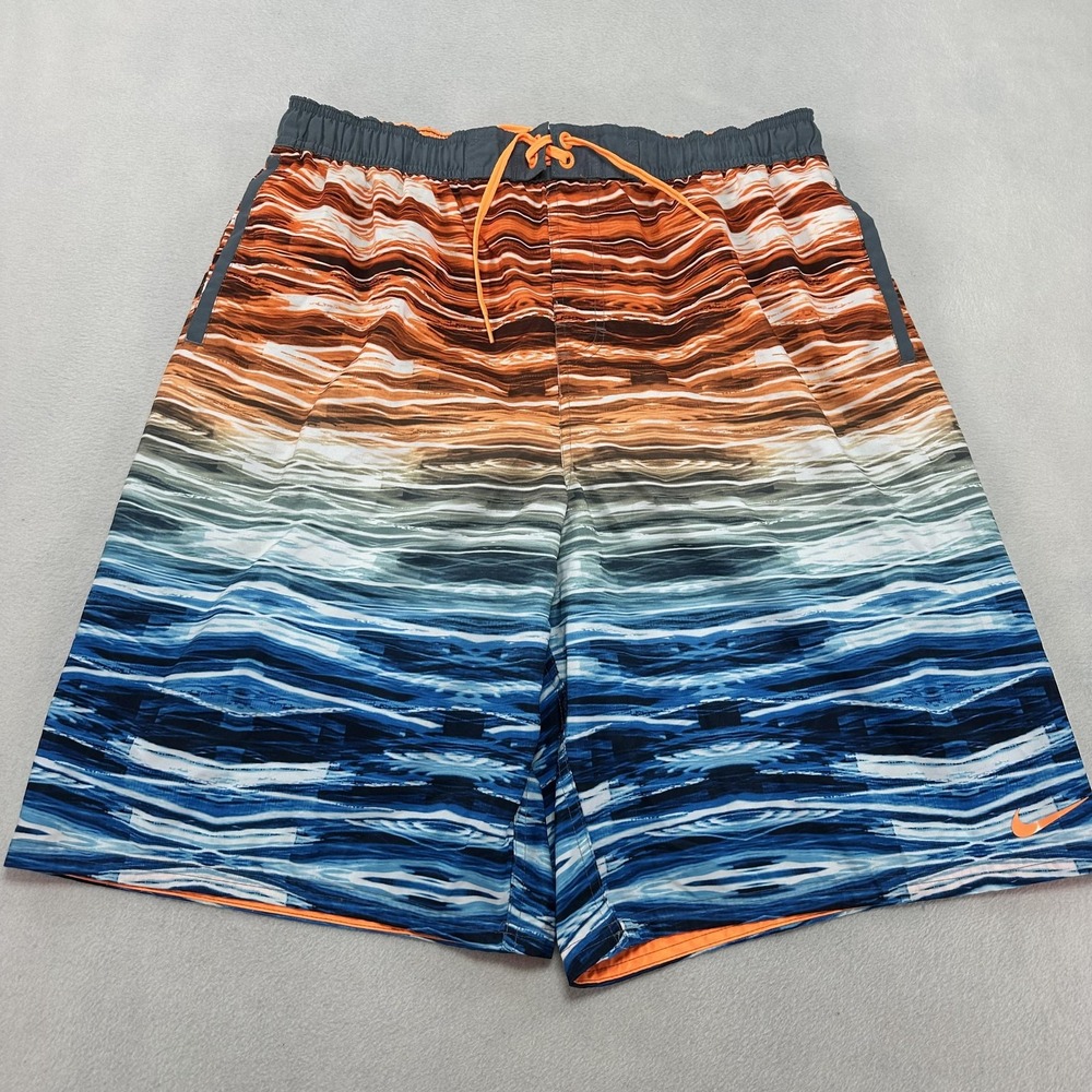 Nike Swim Trunks Shorts Mens 2XL Orange Blue‎ Water Print Mesh Liner Pockets